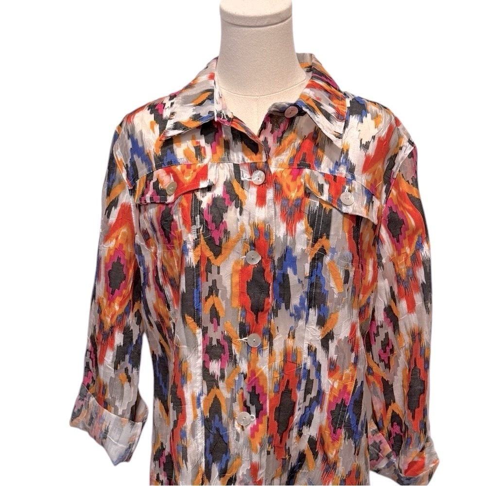 🍀2/$22 Ruby Rd Bright Aztec Mesh Burnout Button Down Shirt Jacket Womens 14